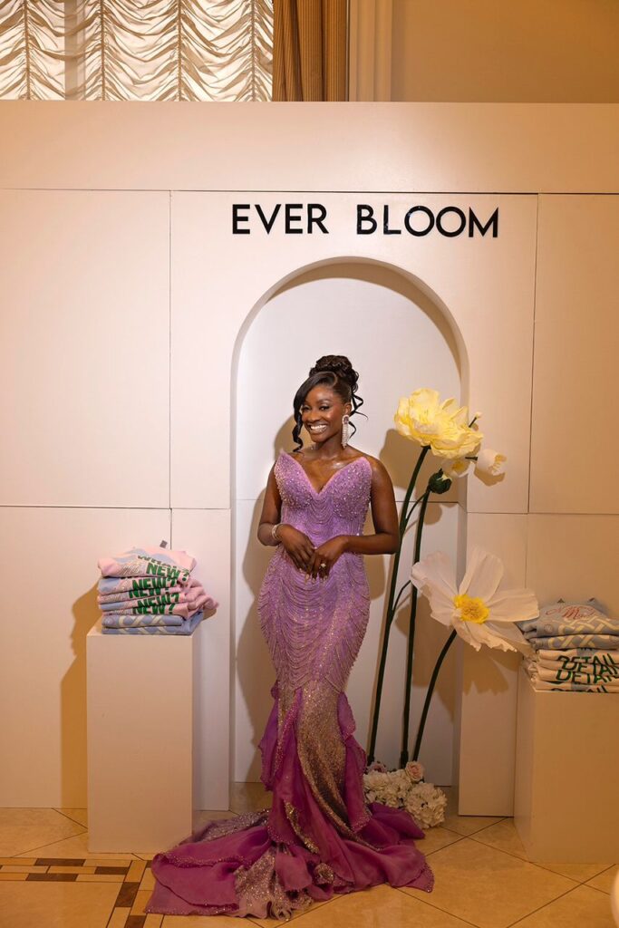 A bride in a lilac evening dress