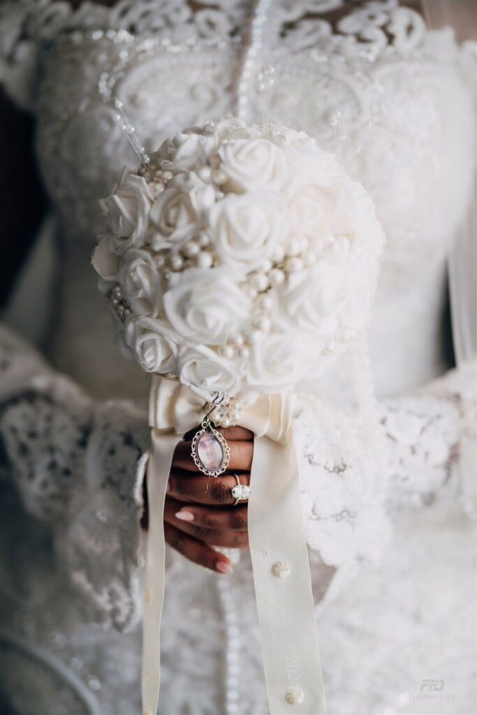 A white wedding bouquet.