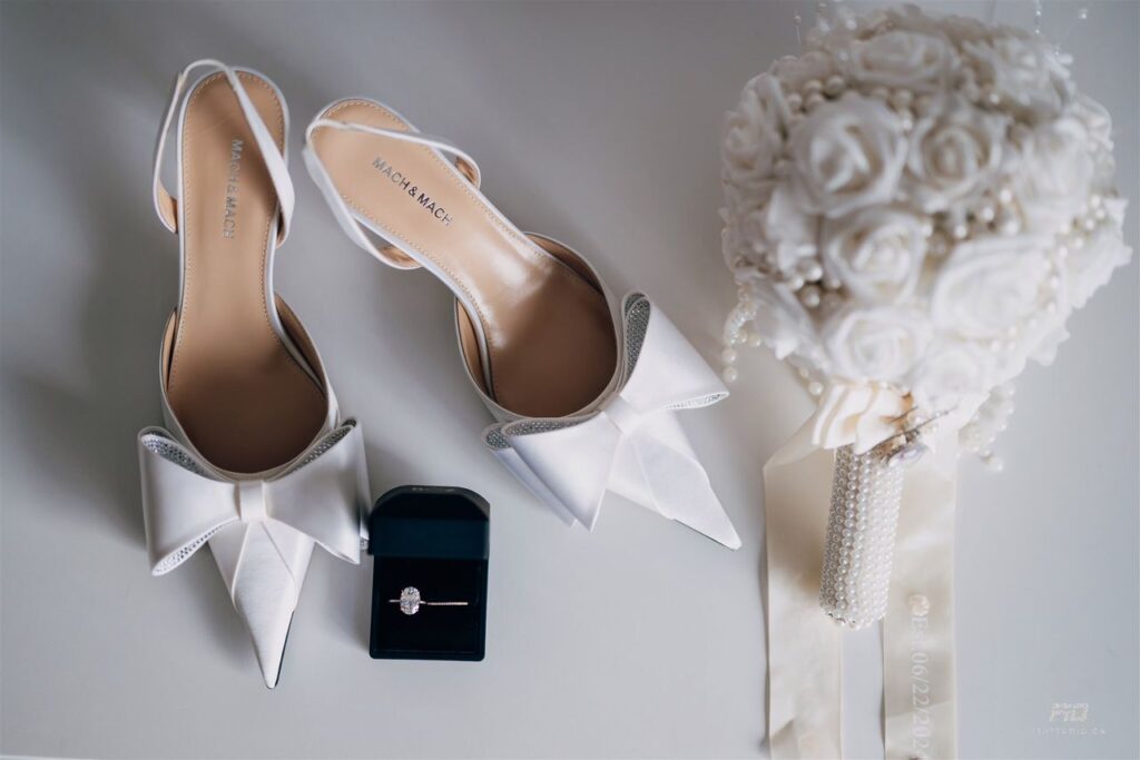 Bridal shoes, Bouquet and ring