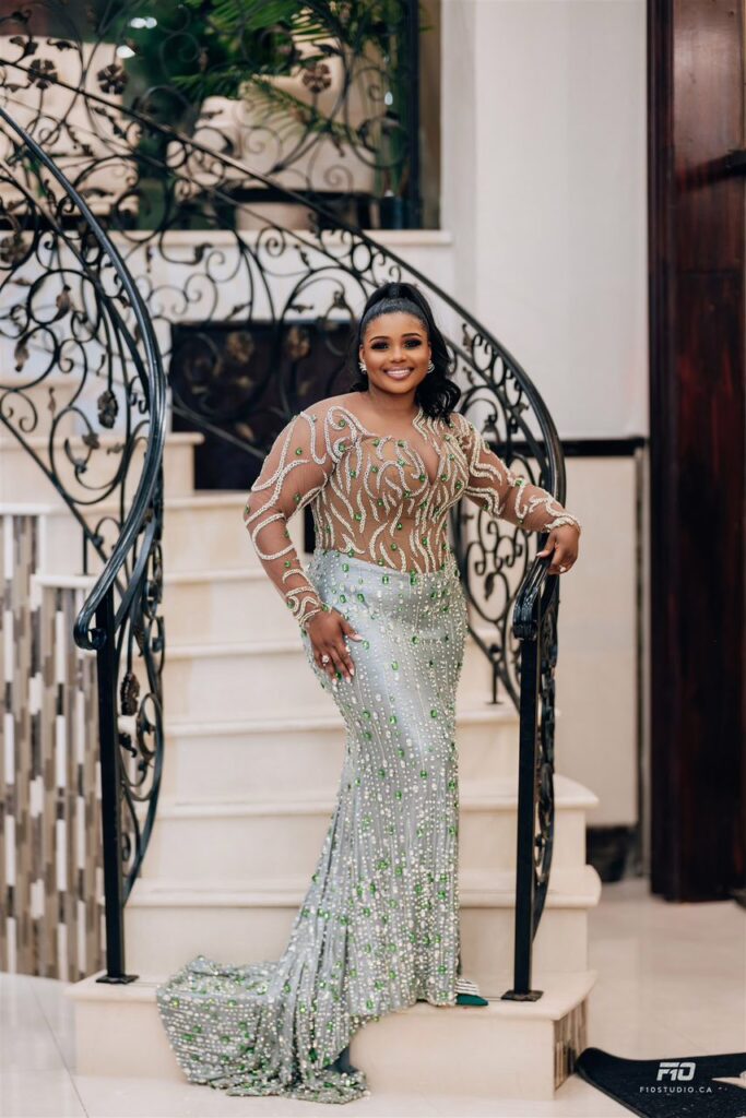 A bride in a reception outfit