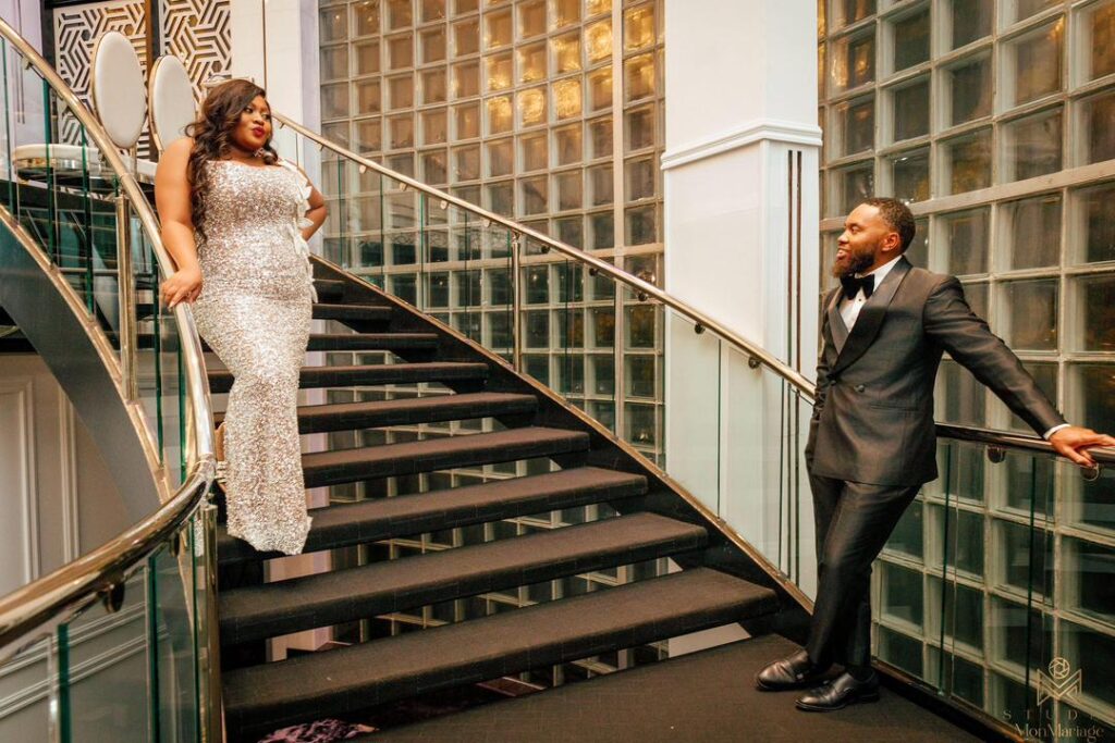 A couple in their reception outfit