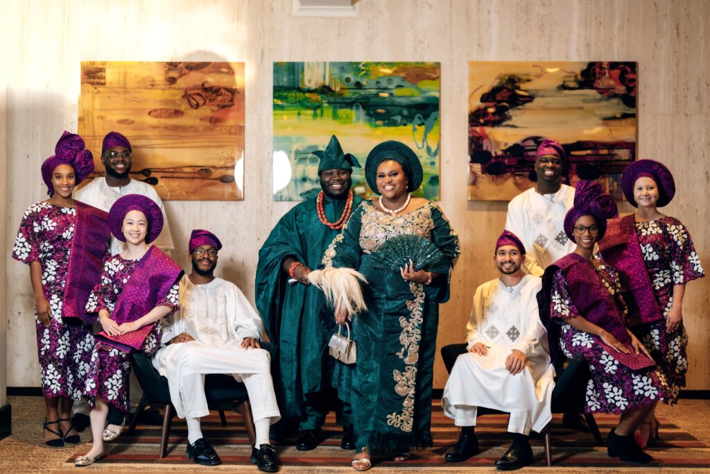 Yoruba wedding with Aso ebi in gele and fila